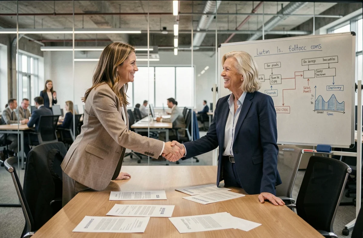 Deux professionnelles BTP finalisant un accord commercial B2B direct sans passer par un appel d'offres public