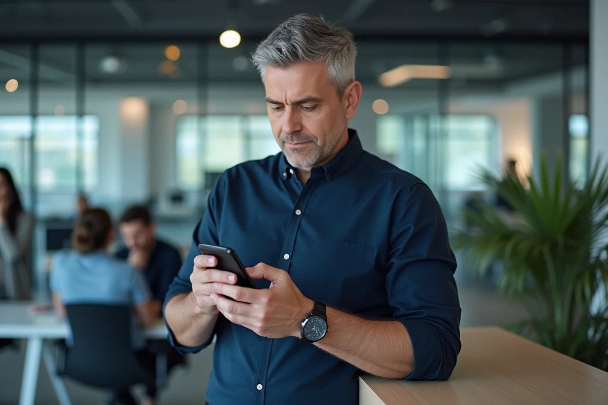 Homme activant son compte en ligne via un code de vérification SMS sur smartphone en entreprise