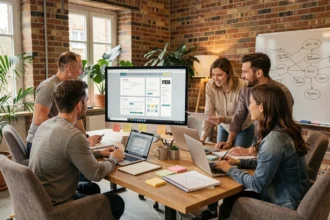 Vue d'ensemble d'une agence de création de sites internet dans l'Eure avec des professionnels travaillant sur des maquettes web