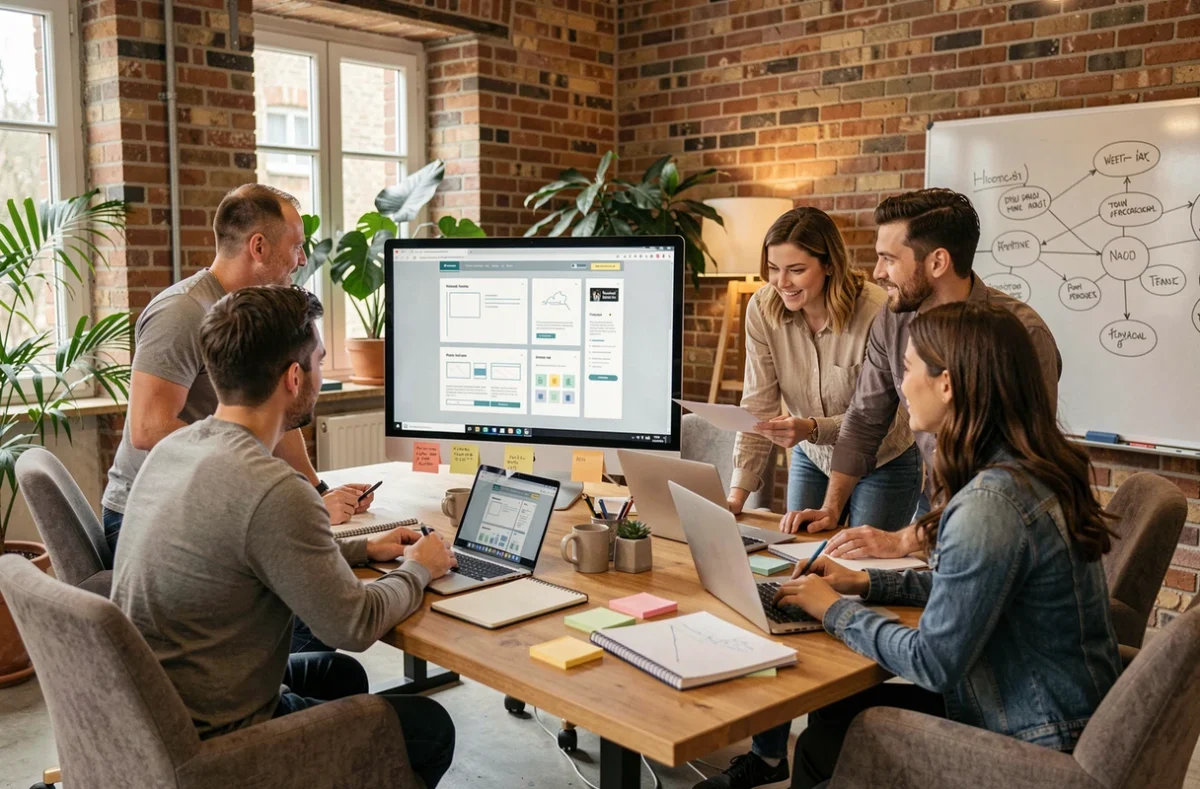 Vue d'ensemble d'une agence de création de sites internet dans l'Eure avec des professionnels travaillant sur des maquettes web