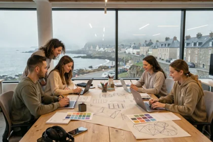 Équipe d'une agence web bretonne réunie autour d'une table de travail avec ordinateurs et maquettes de sites internet