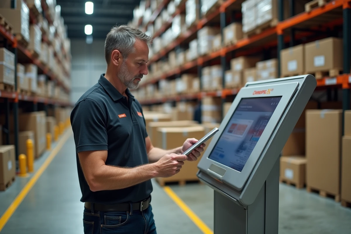 Agent Chronopost consultant les offres CSE sur une tablette dans un entrepôt logistique