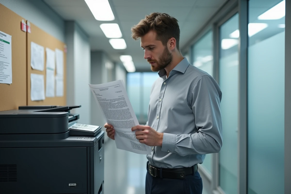 Agent contractuel de l'État examinant un document administratif imprimé lié à ses droits sur MaBoxRH dans un couloir de bureau public