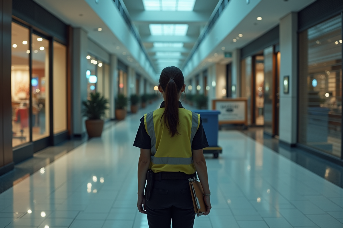Femme agent de sécurité patrouillant dans un centre commercial