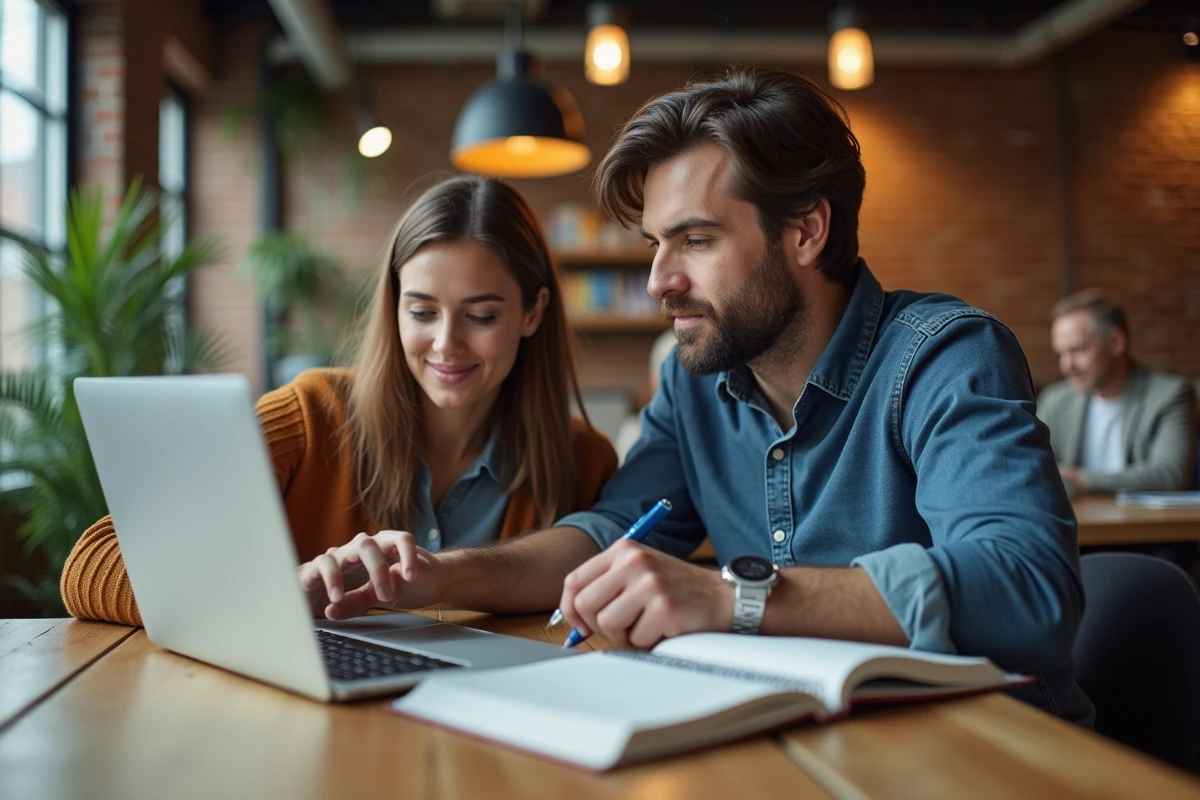 Deux collègues analysant ensemble une candidature sur Réseau TEE dans un espace de coworking pour éviter les erreurs courantes