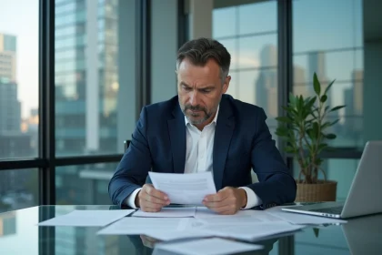 Analyste financier en costume bleu lisant un rapport confidentiel