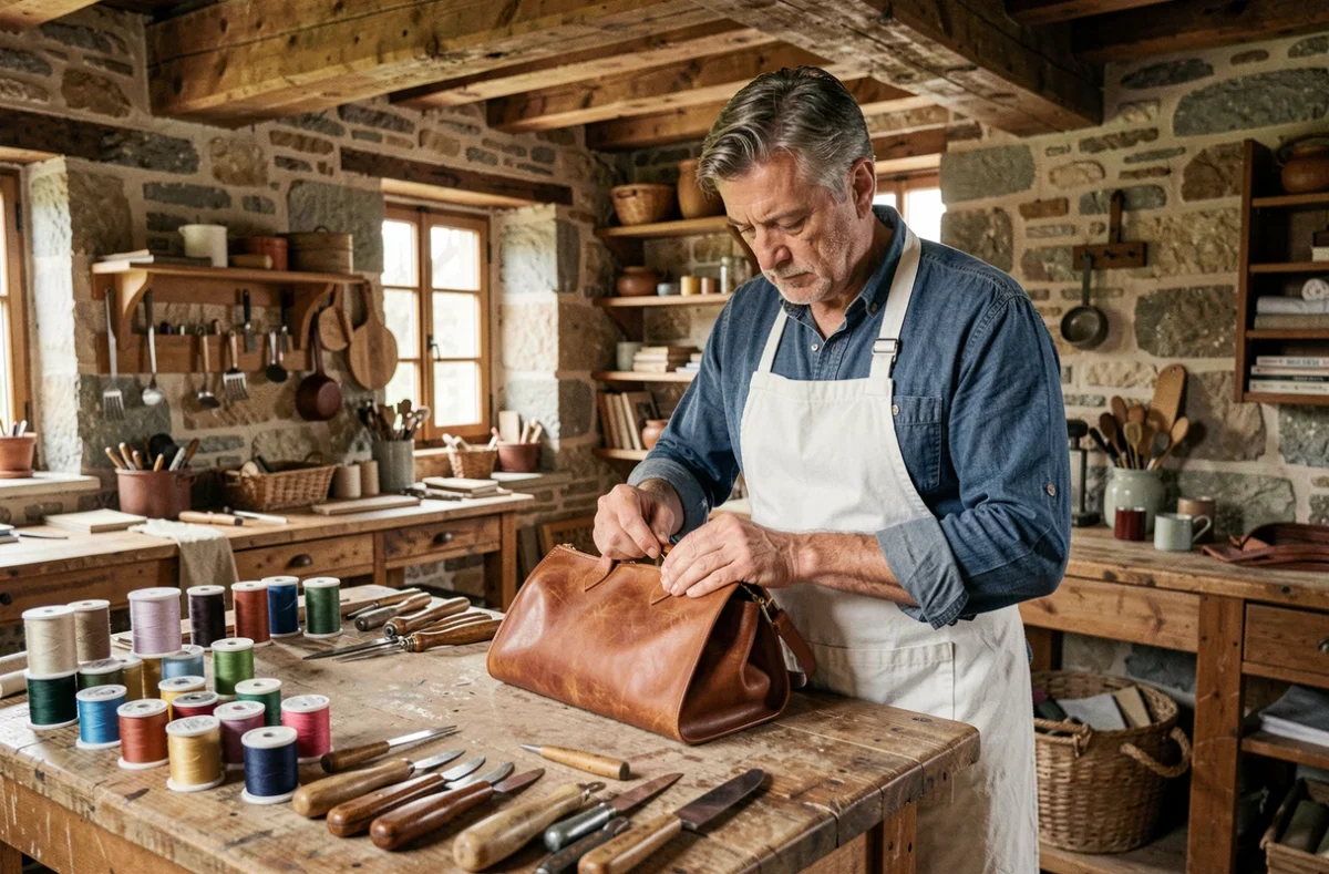 Artisan savoir-faire français cousant à la main un sac en cuir tannage végétal dans un atelier LVMH, représentant le luxe durable et l'artisanat éco-responsable