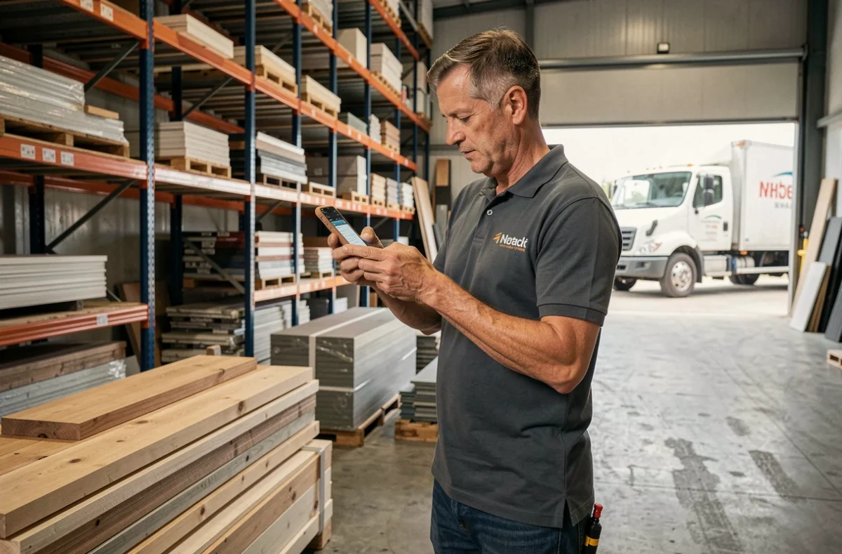 Artisan du bâtiment consultant une solution B2B en ligne dans un entrepôt de matériaux pour réduire sa dépendance aux appels d'offres