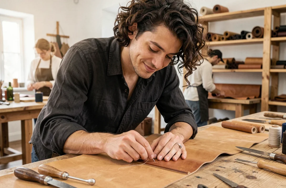 Artisan en reconversion travaillant le cuir dans un espace de travail partagé dédié à l'artisanat