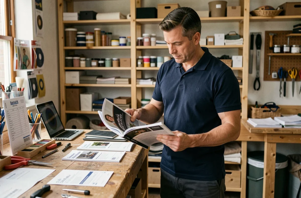 Artisan dirigeant de TPE lisant un magazine entrepreneurial dans son atelier pour s'informer sur les stratégies de croissance