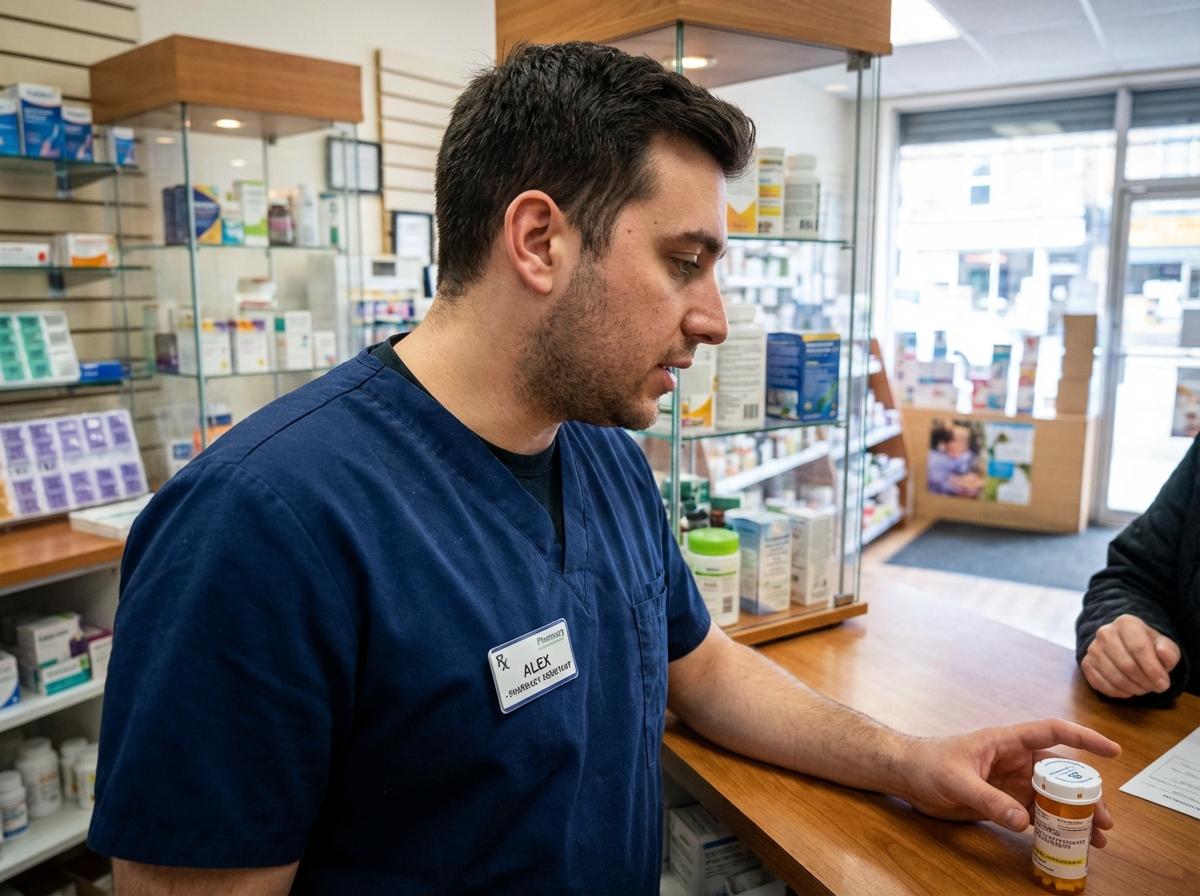 Assistant en pharmacie expliquant une prescription à un client âgé