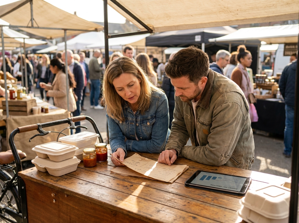 Deux associés qui testent un concept de street food sur un triporteur food truck lors d'un marché en plein air