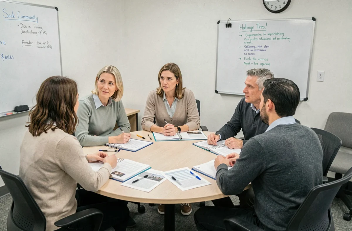 Groupe de salariés licenciés participant à un atelier de reclassement professionnel dans le cadre du dispositif ASP