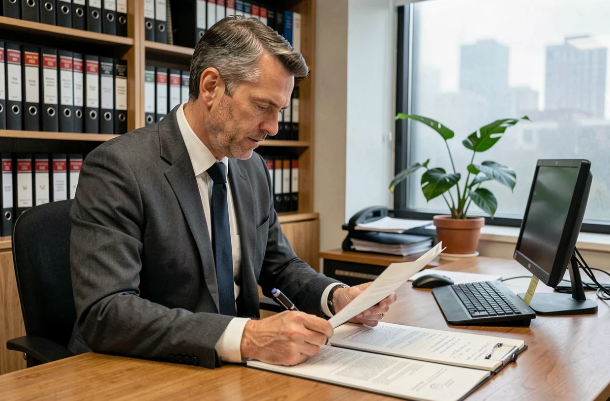 Avocat consultant des documents juridiques relatifs à une plainte pour vol en magasin dans un cabinet professionnel