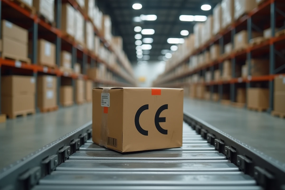 Bo&icirc;te de produit avec logo CE Mark China Export sur un convoyeur dans un entrep&ocirc;t logistique d'importation