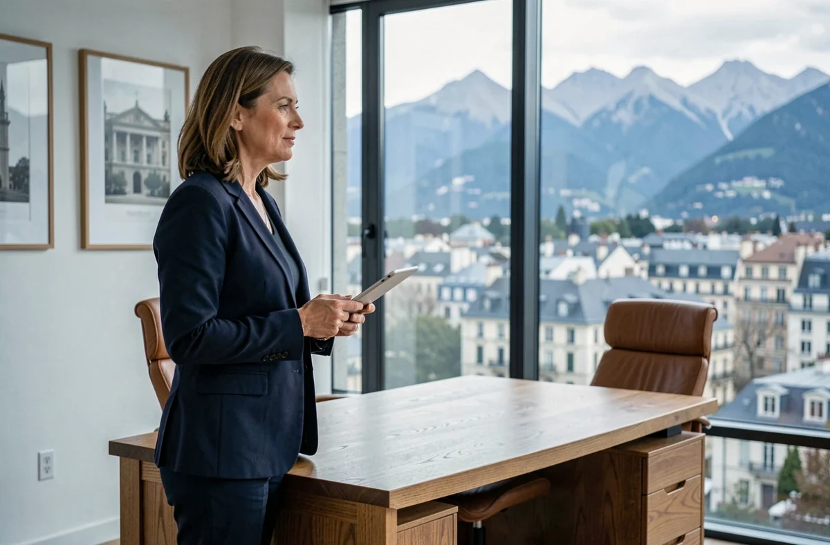 Femme professionnelle dans un bureau privé avec vue sur les montagnes de Chambéry, espace de travail haut de gamme