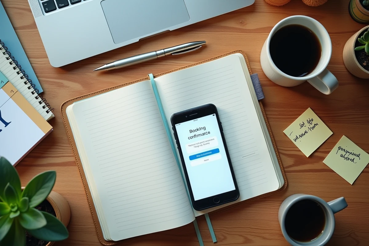 Vue aérienne d'un bureau avec agenda, smartphone affichant une confirmation de réservation et notes manuscrites pour organiser les réservations au foyer entrepreneurial