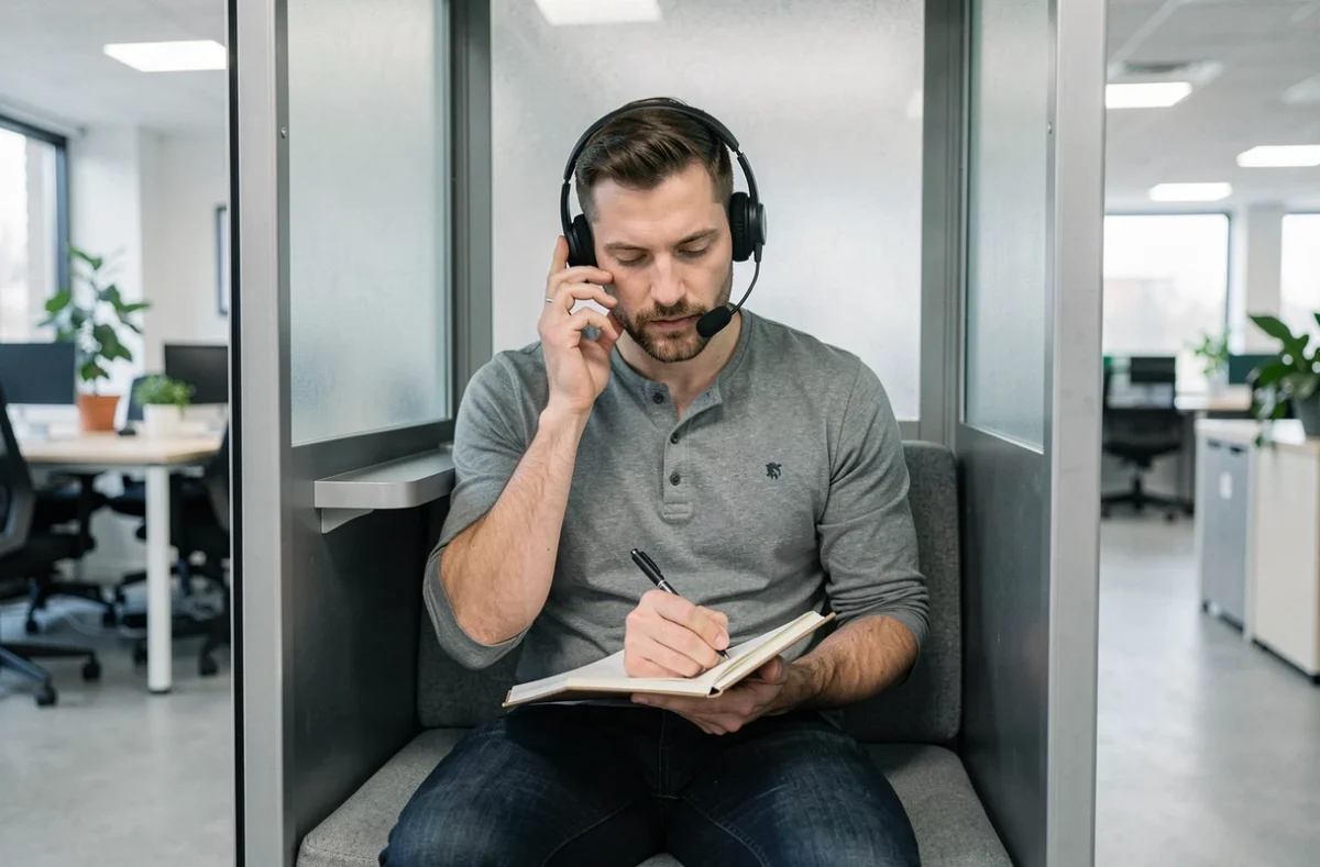Homme en cabine phonique isolée dans un coworking à Lorient, prenant des notes lors d'un appel téléphonique professionnel
