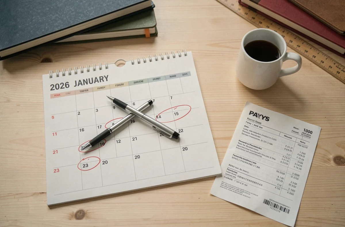 Vue du dessus d'un calendrier 2026 avec dates de paie cerclées et fiche de salaire sur un bureau d'enseignant