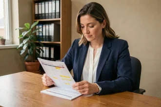 Employée administrative de l'éducation nationale consultant un calendrier de paie 2026 dans un bureau scolaire