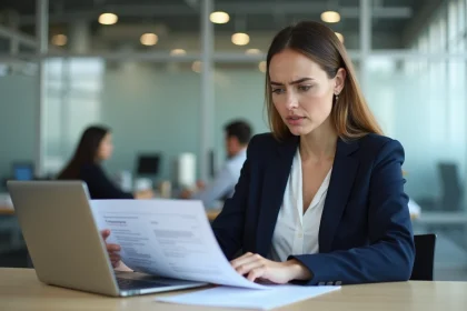 Femme professionnelle examinant sa candidature sur un réseau d'emploi à son bureau, détectant des erreurs dans son dossier