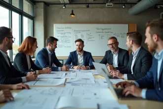 Groupe de professionnels BTP réunis autour d'une table de réunion pour analyser les nouvelles réglementations du secteur construction