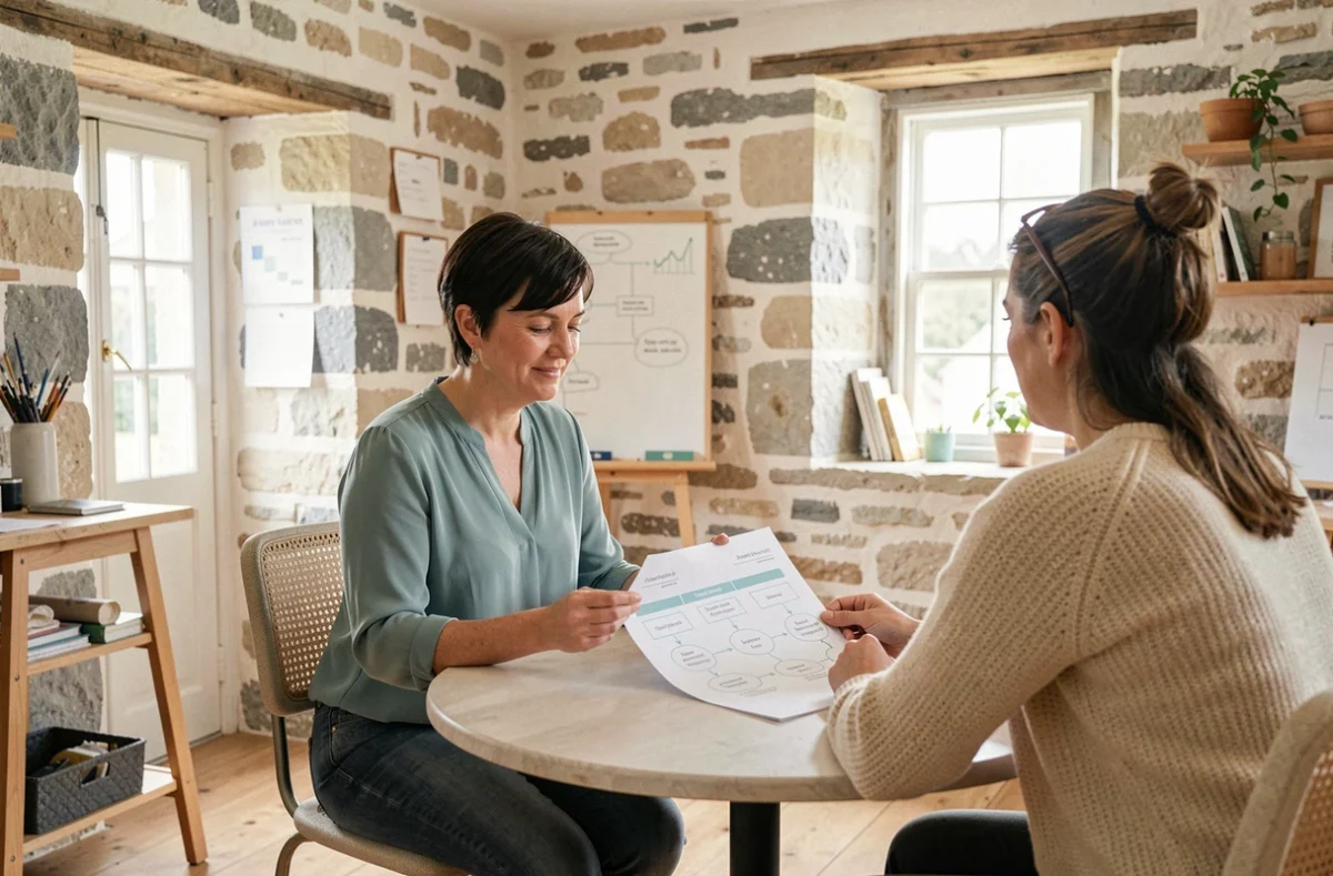 Coach digital accompagnant un client dans une session de stratégie numérique dans un espace collaboratif à Tréméoc