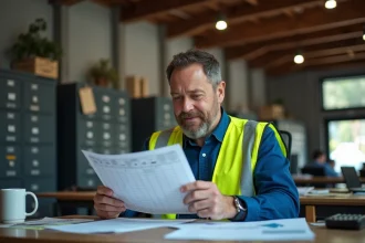 Conducteur de camion en vestiaire réfléchissant à un tableau de salaire
