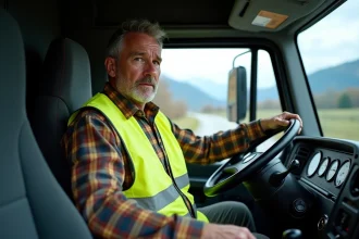 Conducteur de camion suisse en cabine avec montagnes en arrière-plan