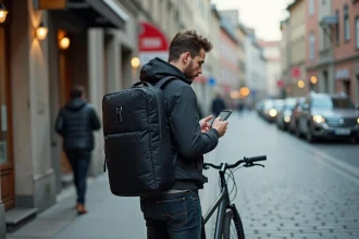 Jeune homme chauffeur Uber Eats avec sac de livraison thermique vérifiant son application smartphone à côté de son vélo en ville