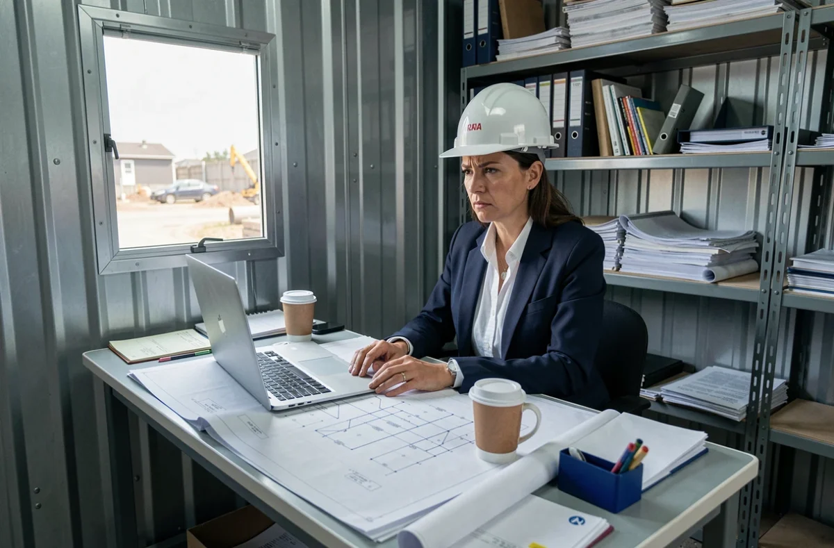 Chef de chantier femme étudiant des plans dans un bureau de chantier pour éviter les erreurs de classification N4P2