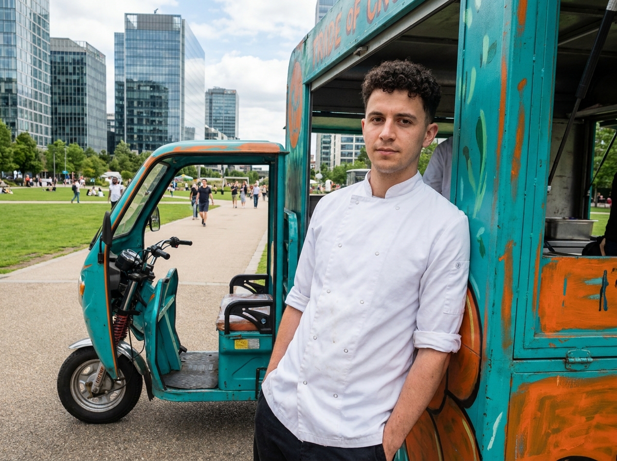 Chef cuisinier appuyé contre un triporteur électrique food truck dans un parc urbain moderne