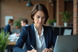 Cheffe d'entreprise TPE consultant une solution de coffre salarié numérique sur son ordinateur portable dans un bureau moderne