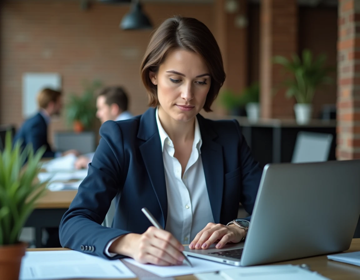 Cheffe d'entreprise TPE consultant une solution de coffre salarié numérique sur son ordinateur portable dans un bureau moderne