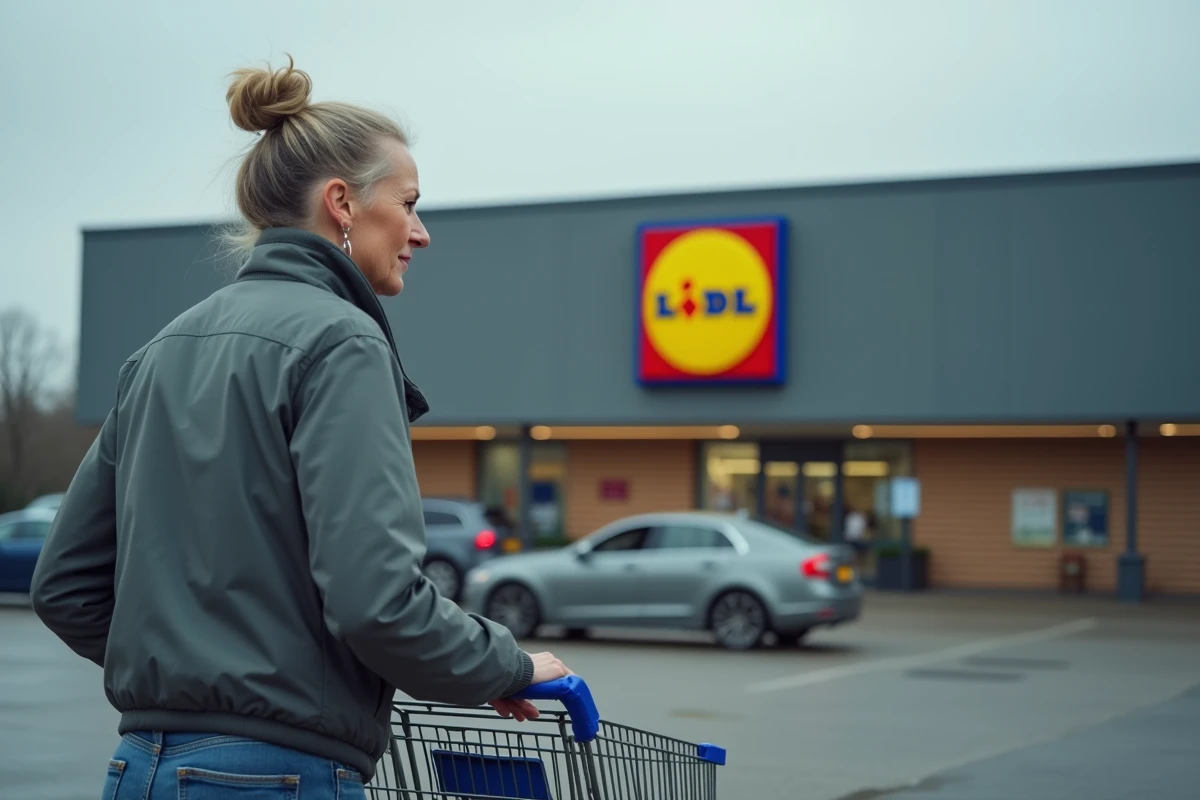 Cliente devant un supermarché Lidl avec le logo de l'enseigne visible en arrière-plan dans un contexte de vie quotidienne