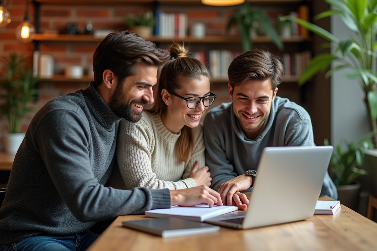 Trois jeunes professionnels collaborant dans un café coworking