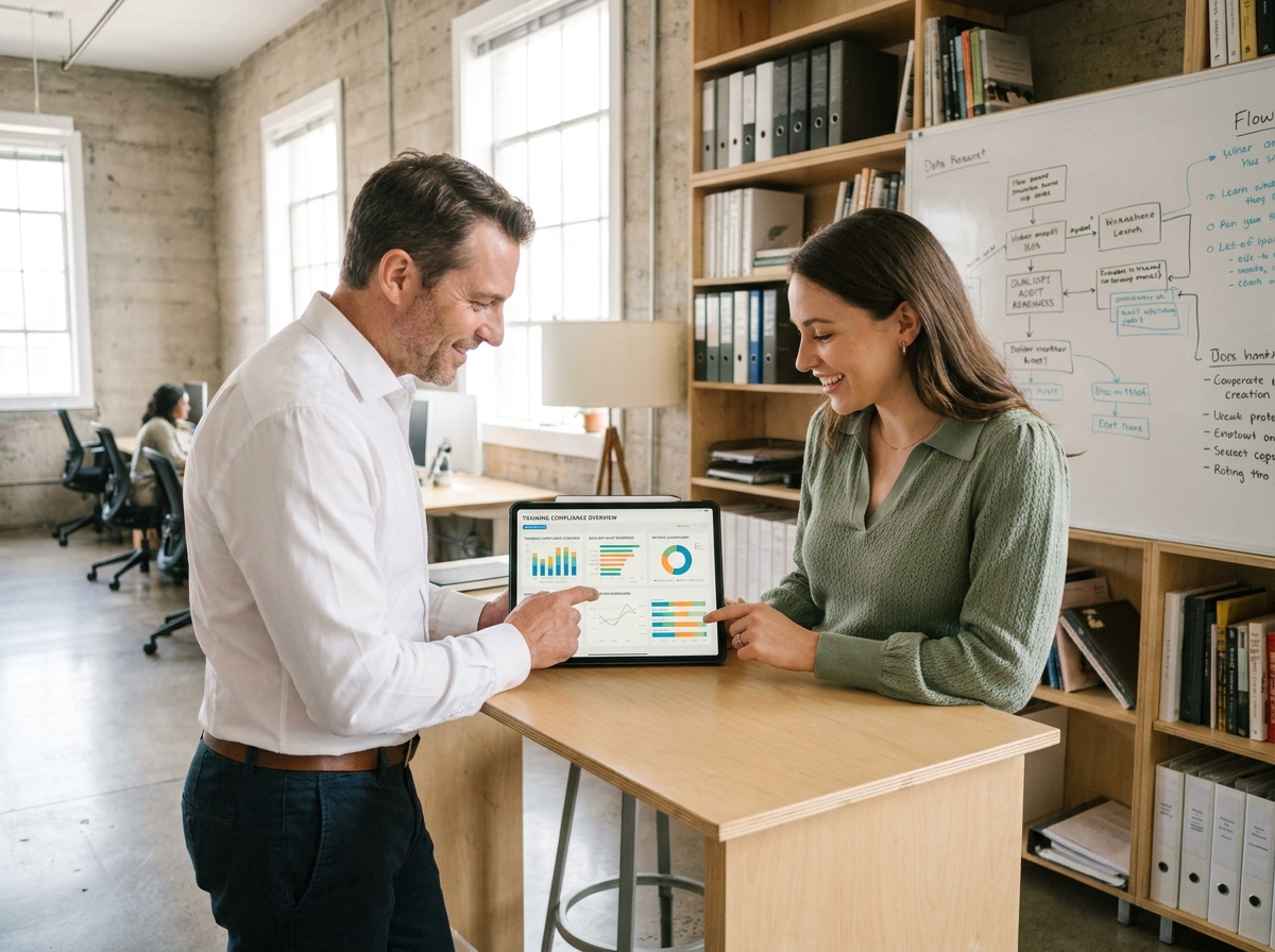 Deux formateurs collaborant sur un tableau de bord de conformité Qualiopi sur tablette dans un espace de coworking