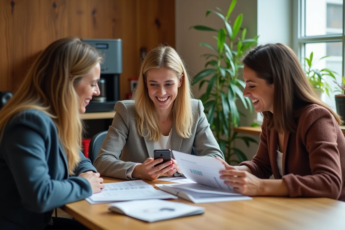 Collègues Chronopost discutant des avantages du CSE autour d'une table en salle de pause