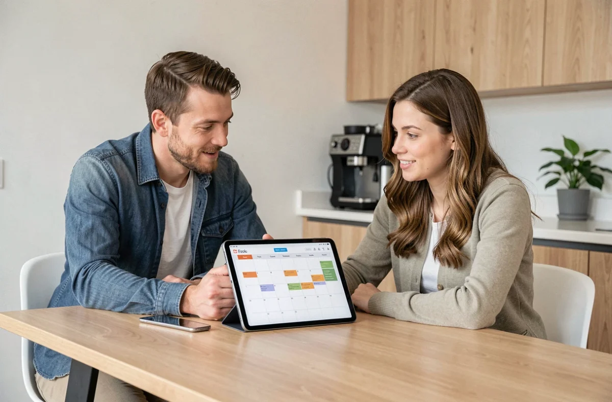 Deux collègues discutant d'un planning de jours travaillés sur une tablette dans une cuisine de bureau moderne