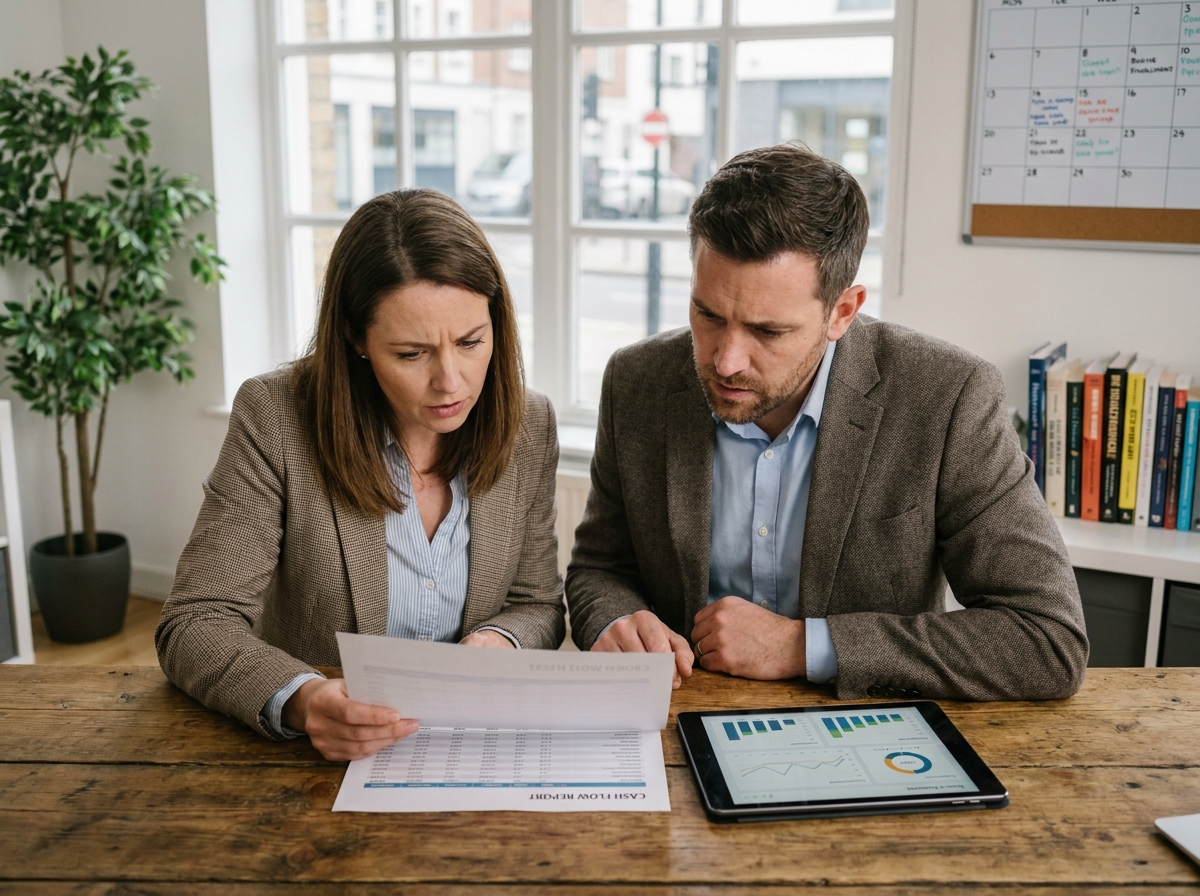 Deux collaborateurs d'une PME examinant ensemble un rapport de trésorerie imprimé et un tableau de bord financier sur tablette