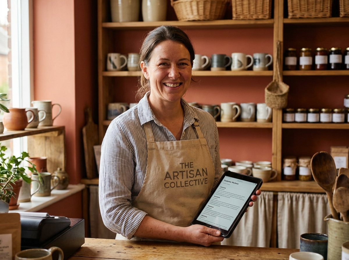 Propriétaire d'une boutique artisanale consultant les avis clients en ligne sur une tablette, illustrant l'impact du bouche-à-oreille numérique pour attirer de nouveaux clients