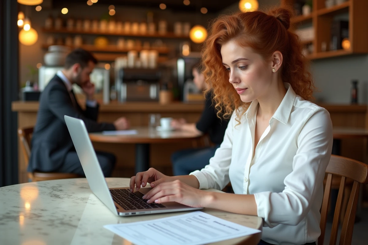 Jeune femme configurant son compte mydocpeople sur ordinateur dans un café avec document d'instructions