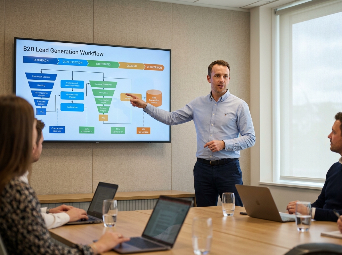 Consultant d'agence B2B présentant une stratégie de prospection externalisée avec un workflow de génération de leads devant une équipe commerciale