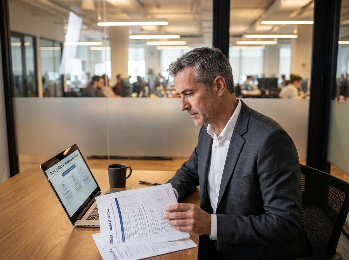 Consultant en formation analysant une checklist d'audit Qualiopi et un logiciel de suivi dans une salle de réunion vitrée