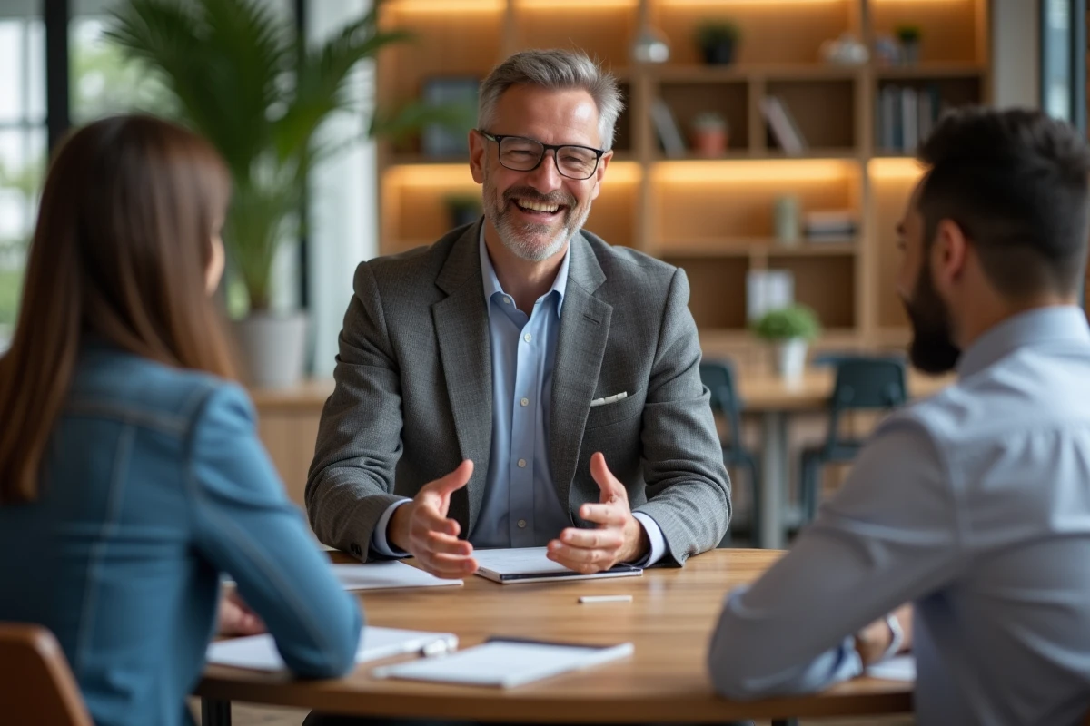 Consultant mature discutant avec un coll&egrave;gue dans un espace coworking