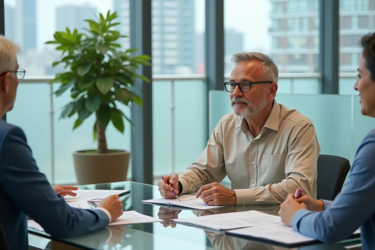 Consultant indépendant en réunion avec un conseiller pour comprendre sa couverture sociale TNS