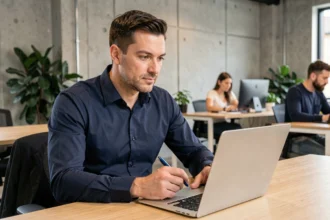 Consultant informatique en portage salarial examinant un contrat de mission sur son ordinateur portable dans un espace de coworking moderne
