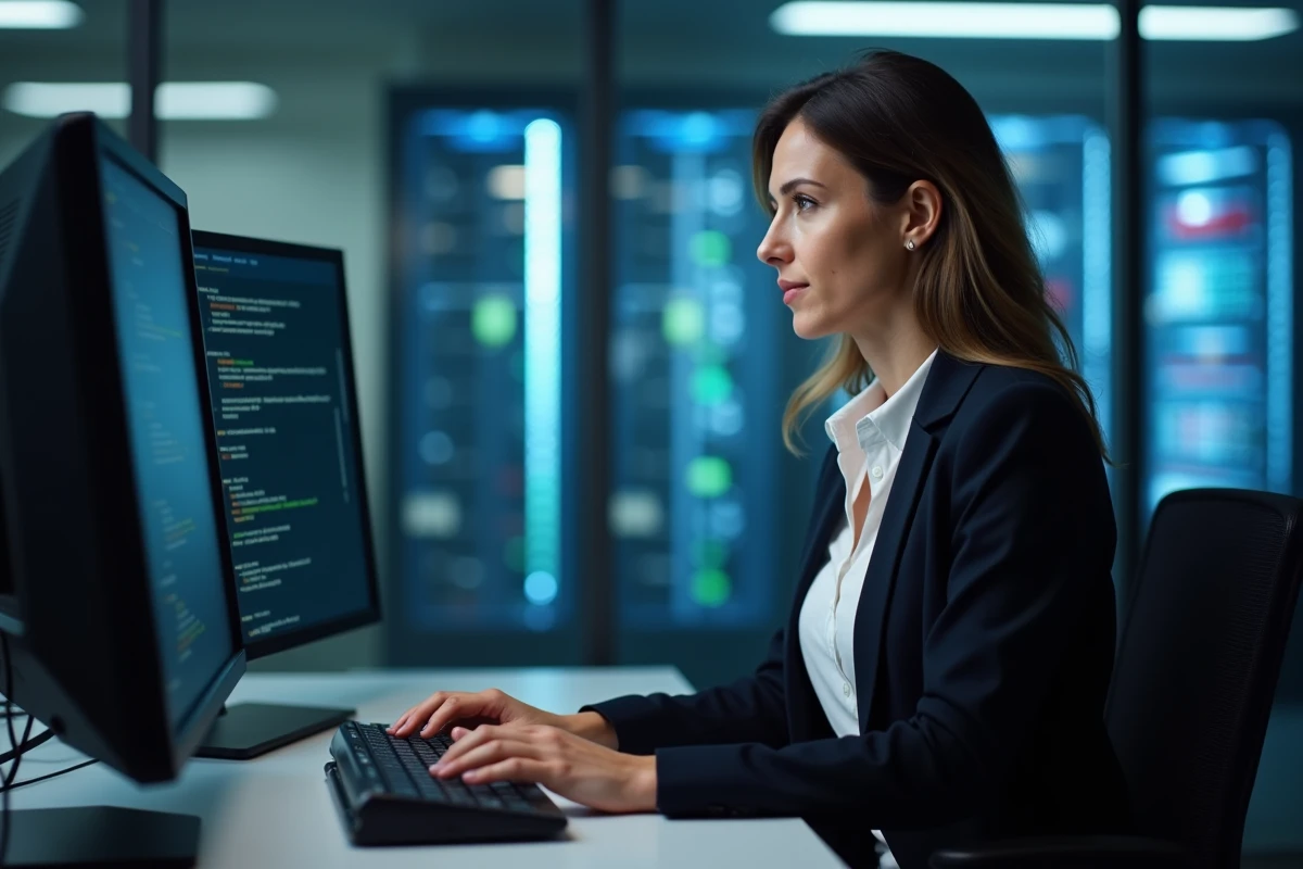 Consultante informatique comparant un ancien logiciel et un nouveau PGI lors d'une migration ERP en entreprise