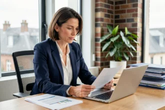 Consultante en portage salarial à Rouen analysant des documents financiers et des frais contractuels sur son bureau