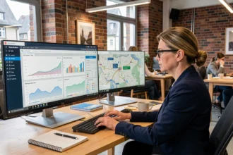 Consultante SEO en Alsace analysant des données de trafic organique et de conversion sur deux écrans dans un bureau moderne aux touches alsaciennes